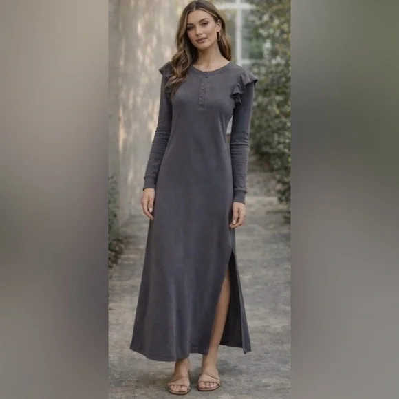 REVOLVE Z Supply NWT Ruffle Henley Maxi Dress Charcoal Gray Long Sleeve, Medium. - Picture 7 of 14